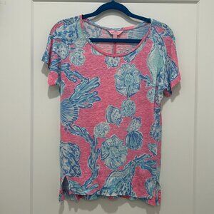 LILLY PULITZER pink & blue seashell linen top (S)